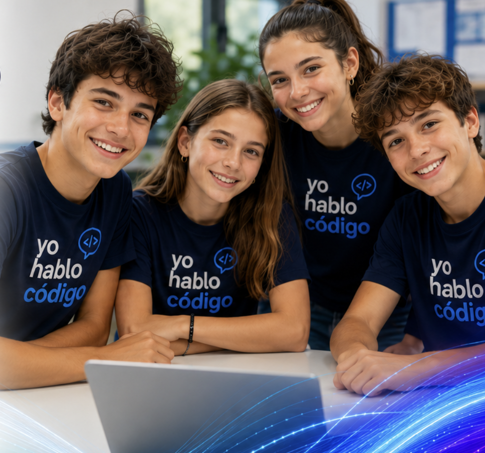 Estudiantes con remeras Yo Hablo Código sonriendo frente a una computadora